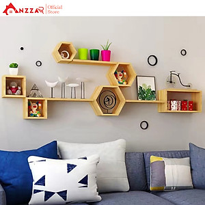 Bộ kệ gỗ treo tường trang trí, kệ trang trí Anzzar, decor phòng ngủ, phòng khách,bộ thanh gỗ treo tường