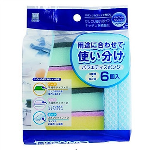 Combo 01 búi thép cọ xoong, nồi, chảo không rỉ 60g + 01 set 06 miếng mút rửa chén bát Kokubo - Nội địa Nhật Bản