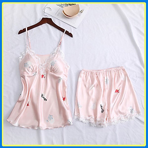 Q135 Bộ ngủ lụa họa tiết dễ thương  - Đồ ngủ lụa - Bộ quần áo ngủ