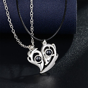 CẶP DÂY CHUYỀN ĐÔI TÌNH NHÂN TRÁI TIM NAM CHÂM 100 NGÔN NGỮ I LOVE YOU