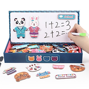 Bộ Đồ Chơi Xếp Hình thay quần áo gia đình nhà Thỏ- Gấu- Động Vật- Chất liệu gỗ, có nam châm