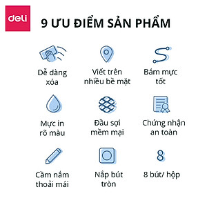Bút Viết Dạ Bảng Bút Lông Xoá Được 8 Màu Kèm Bông Lau 2 Trong 1 Deli - Bút Viết Trên Nhiều Bề Mặt Bảng Từ, Mica, Bảng Kính - 1 chiếc