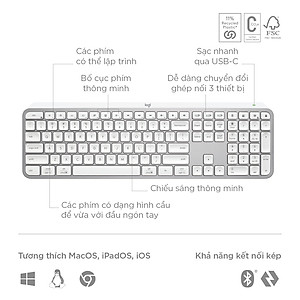 Bàn phím không dây Logitech MX Keys S - Low Profile yên tĩnh, Đèn nền, Bluetooth, Sạc USB-C - Hàng chính hãng