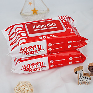 Thùng 10 gói khăn ướt trẻ em Happy Kids Đỏ gói 80 tờ không mùi siêu tiết kiệm cho bé