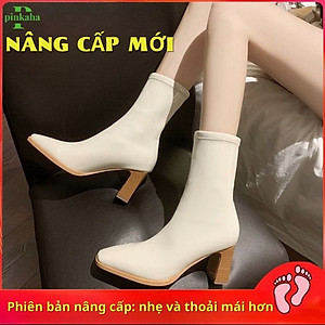 Giày Bốt Nữ Da Bóng Trắng Đen Ôm Chân Đẹp Gót 7 Phân Cổ cao Mũi Nhọn Không Có Khóa