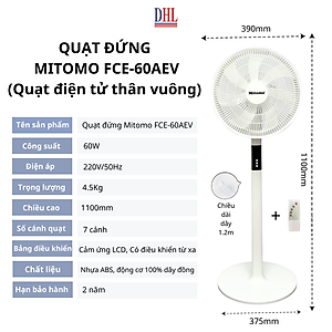 Quạt đứng điện tử có điều khiễn từ xa, hẹn giờ Mitomo FCE-60AEV, công suất 60W, động cơ dây đồng - Bảo hành 2 năm hàng chính hãng