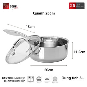 Quánh inox 304 đúc liền khối Fivestar Plus đường kính 18cm/20cm bảo hành 25 năm
