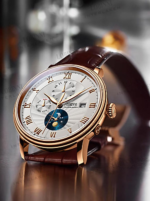 Đồng hồ nam chính hãng LOBINNI LB11023G-D1 Kính sapphire chống xước,chống nước 50m,mặt trắng vỏ vàng hồng dây da nâu xịn, thép không gỉ 316L,Đồng hồ cơ (Automatic) bảo hành 24 tháng,thiết kế đơn giản và sang trọng