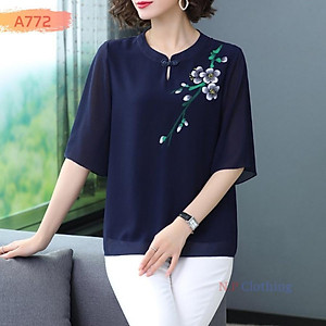 Đồ bộ nữ trung niên đồ bộ cho mẹ mặc nhà ống rộng, áo thêu hoa, vải voan mịn mát, có size lớn