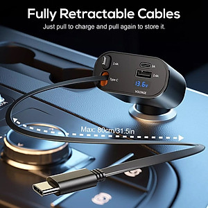 Tẩu Sạc Nhanh Xe Ô Tô TÍCH HỢP DÂY Sạc Type C, Lightning 100W | Hiển Thị Thông Số Sạc, Dây Rút Chống Rối, 4in1