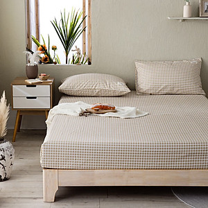 Bộ Ga Gối Cotton Tici Kẻ LIDACO Cao Cấp - Caro Nâu Nhạt