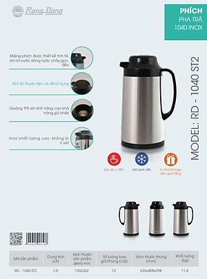 Phích pha trà giữ nhiệt dung tích 1 lít Rạng Đông, vỏ inox, nắp nhựa, Model: RDD1040 ST2-1L