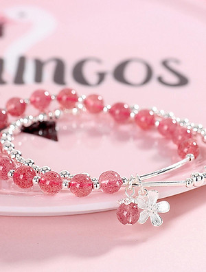 Vòng tay 2 line đá thạch anh dâu phối charm hoa bạc mệnh hỏa, thổ - Ngọc Quý Gemstones