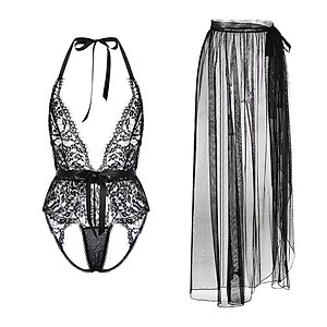 P34 Váy ngủ bodysuit ren kèm khăn sexy gợi cảm - Đầm ngủ bodysuit ren xuyên thấu quyến rũ - Đồ ngủ nữ