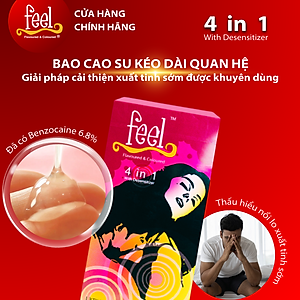 Bao cao su Feel 4 in 1 | Bao cao su kéo dài thời gian, size 52mm, hộp 12 bao