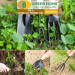 Dụng Cụ Làm Vườn Greenhome, D25cm, Cán Gỗ, Lưỡi Thép, Gồm Xẻng Xúc Đất, Cào, Chĩa, Trồng Cây, Làm Cỏ Dễ Dàng