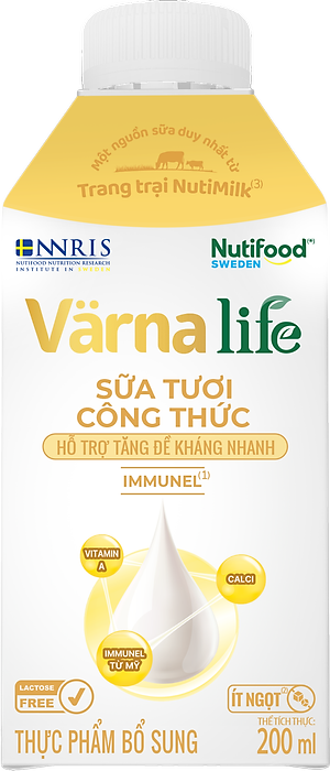 Thùng Thực phẩm bổ sung Värna Life sữa tươi công thức (Vàng) (12 hộp x 200ml)