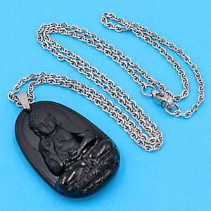 Vòng cổ mặt Phật A Di Đà - thạch anh đen 3.6cm DITTEB7 - dây inox bạc - kèm hộp nhung - tuổi Tuất, Hợi