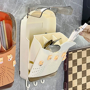 Hộp Đựng Đũa Thìa Treo Tường Có Nắp Đậy Khay Thoát Nước 3 Móc Nhựa Treo Đồ Kèm Miếng Dán Siêu Dính