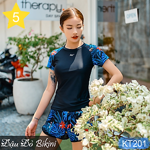 Bộ bơi 2 mảnh thể thao nữ, phong cách trẻ trung năng động, dáng áo cộc tay quần sooc đùi 2 lớp, chất đẹp dày dặn (dùng bơi, gym, yoga, chạy bộ) | KT201