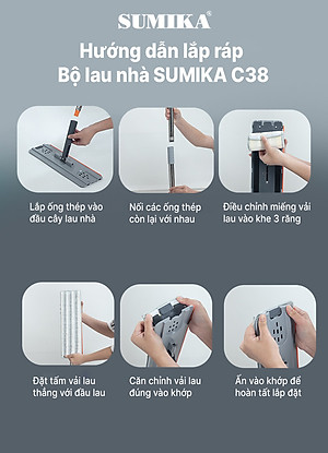 Bộ cây lau nhà SUMIKA C38, thùng lau nhà 2 ngăn tự vắt thông minh, chổi lau sàn nhà 360 độ, 2 bông lau, 1 móc treo cây lau sàn