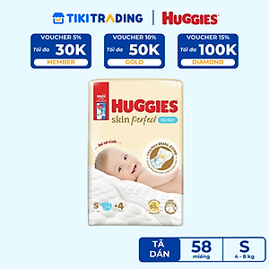Tã/bỉm dán sơ sinh Huggies Skin Perfect S 54+4 miếng với 2 vùng thấm giảm kích ứng da