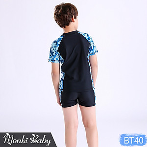 Đồ bơi cho bé trai vừa và lớn size đại đến 55kg, mẫu thun bơi cao cấp, dáng áo cộc tay quần sooc đùi thể thao, có kèm mũ | BT40