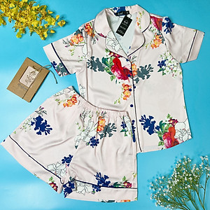 Bộ Pyjama nữ, đồ mặc nhà VILADY-B113 kiểu quần đùi tay cộc họa tiết Bông, chất liệu lụa Pháp cao cấp