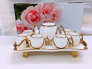 BỘ ẤM CHÉN TRẮNG VIỀN VÀNG KÈM KHAY SỨ TRẮNG - ANTH245 ( GIAO NGẪU NHIÊN )