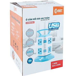 Ổ Cắm Điện Đa Năng COMET CES6703 2500W Hình Tháp dây dài 3m, 7 lỗ cắm 3 chấu, 2 cổng sạc USB