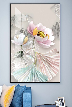 Tranh treo tường phòng khách phòng ngủ bóng kiếng pha lê Hoa sen nghệ thuật BK_0052
