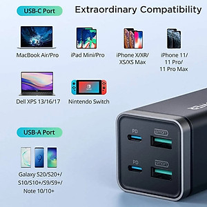 Củ Sạc Điện Thoại 2 Cổng USB-A và 2 Cổng Type-C PD 65W QC 3.0 RAVPower RP-PC136 - Hàng Chính Hãng