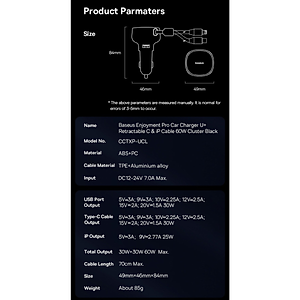 Tẩu sạc dùng trên ô tô tích hợp cáp Type C và iP Cable 60W Baseus Enjoyment Pro Car Charger - Hàng chính hãng