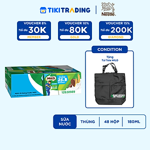 [TẶNG TÚI TOTE MILO ]Thùng 48 hộp sữa lúa mạch Nestlé MILO Ít đường 180ml