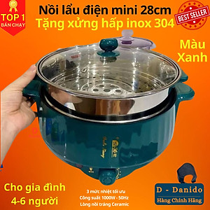Nồi lẩu điện mini đa năng 28cm, chống dính vân đá cao cấp công suất 1000W tiện dụng 3 nấc nhiệt kèm giá hấp inox 304 - Hàng chính hãng D Danido – Logo ngẫu nhiên