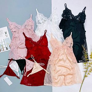 Q9 Váy ngủ lụa ren hông cao cấp - Váy ngủ 2 dây - Đầm ngủ sexy gợi cảm - Đồ ngủ mạc nhà