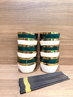 Bộ 6 Bát Sứ Màu Xanh-Trắng Viền Mạ Vàng Cao Cấp- Tặng Kèm Đũa Phong Cách Nhật- Hàng Chính Hãng MINIIN