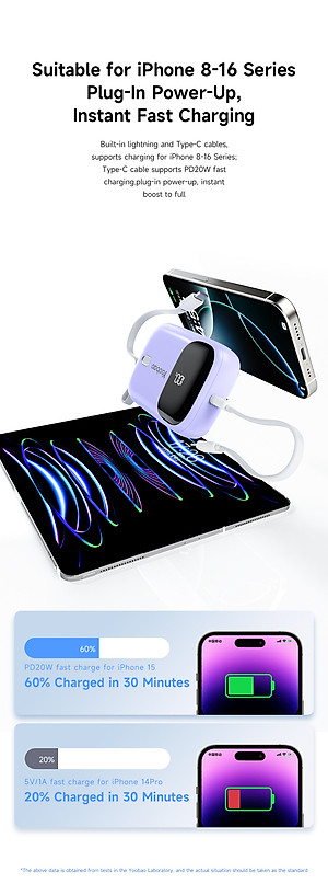 Pin Sạc Dự Phòng Yoobao Z5 (LR10) 10000mAh chuẩn 3C/CCC Sạc Nhanh PD20W, Tích Hợp Cáp Sạc L & Type-C - Hàng chính hãng