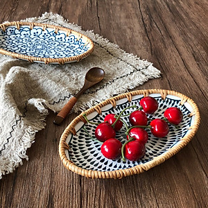 Khay trang trí bằng mây, khay gốm sứ viền mây ECOHUB, đựng đồ trang sức, bộ quà tặng nhà mới (Rattan Decorative Tray)