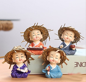 Mô Hình Tiểu Cảnh "4 Chú Tiểu Đội Nón Rơm Cầm Kỳ Thi Họa " Trang Trí Sen Đá, Sân Vườn/ Chậu Cây, DYI, Terrarium - Hàng chính hãng