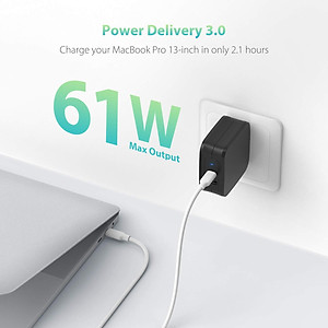 Combo RAVPower Củ Sạc Điện Thoại USB Type-C 61W RP-PC105 + Dây Cáp Sạc Type C to Type C RP-CB047 - Hàng Chính Hãng