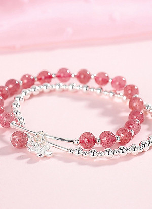 Vòng tay 2 line đá thạch anh dâu phối charm hoa bạc mệnh hỏa, thổ - Ngọc Quý Gemstones
