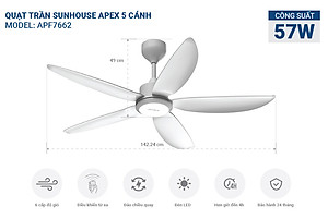 Quạt Trần Sunhouse Apex 5 cánh APF-7662 APF-7663, công suất 57W, cánh quạt sải rộng, điều khiển từ xa, Hàng chính hãng
