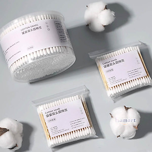 Gói 100 Tăm Bông Ngoáy Tai Thân Gỗ Tre 2 Đầu Tròn Vệ Sinh Tai Tiện Lợi