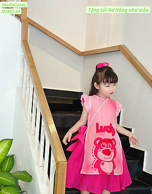 Áo dài tết cho bé gái mẫu Gấu dâu Lotso từ 12-35kg hàng thiết kế cao cấp kèm nơ đeo chéo