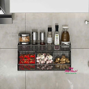 Giỏ Đựng Hành Tỏi Dán Tường, Kệ Đựng Gia Vị 3 Ngăn 2 Tầng Gắn Tường Nhà Bếp Tiện Lợi Bằng Thép - Kèm Miếng Dán - Hàng Chính Hãng MINIIN