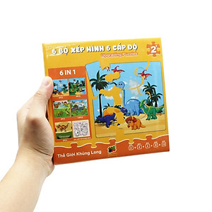 Bộ 6 Tranh Xếp Hình 6 Cấp Độ 17 x 17 cm - Thế Giới Khủng Long - Minh Châu C6-001