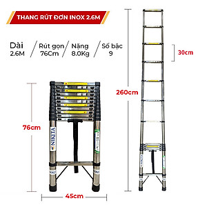 Thang nhôm INOX rút đơn xếp gọn 2,6m - 5.9m gấp gọn Nhập Khẩu NIKITA - chịu lực tới 150kg
