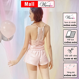 Đồ bộ mặc nhà phi lụa wannabe, bộ short bss07 phối ren hoa phía sau nữ tính, trẻ trung