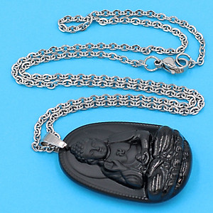 Vòng cổ mặt Phật A Di Đà - thạch anh đen 3.6cm DITTEB7 - dây inox bạc - kèm hộp nhung - tuổi Tuất, Hợi